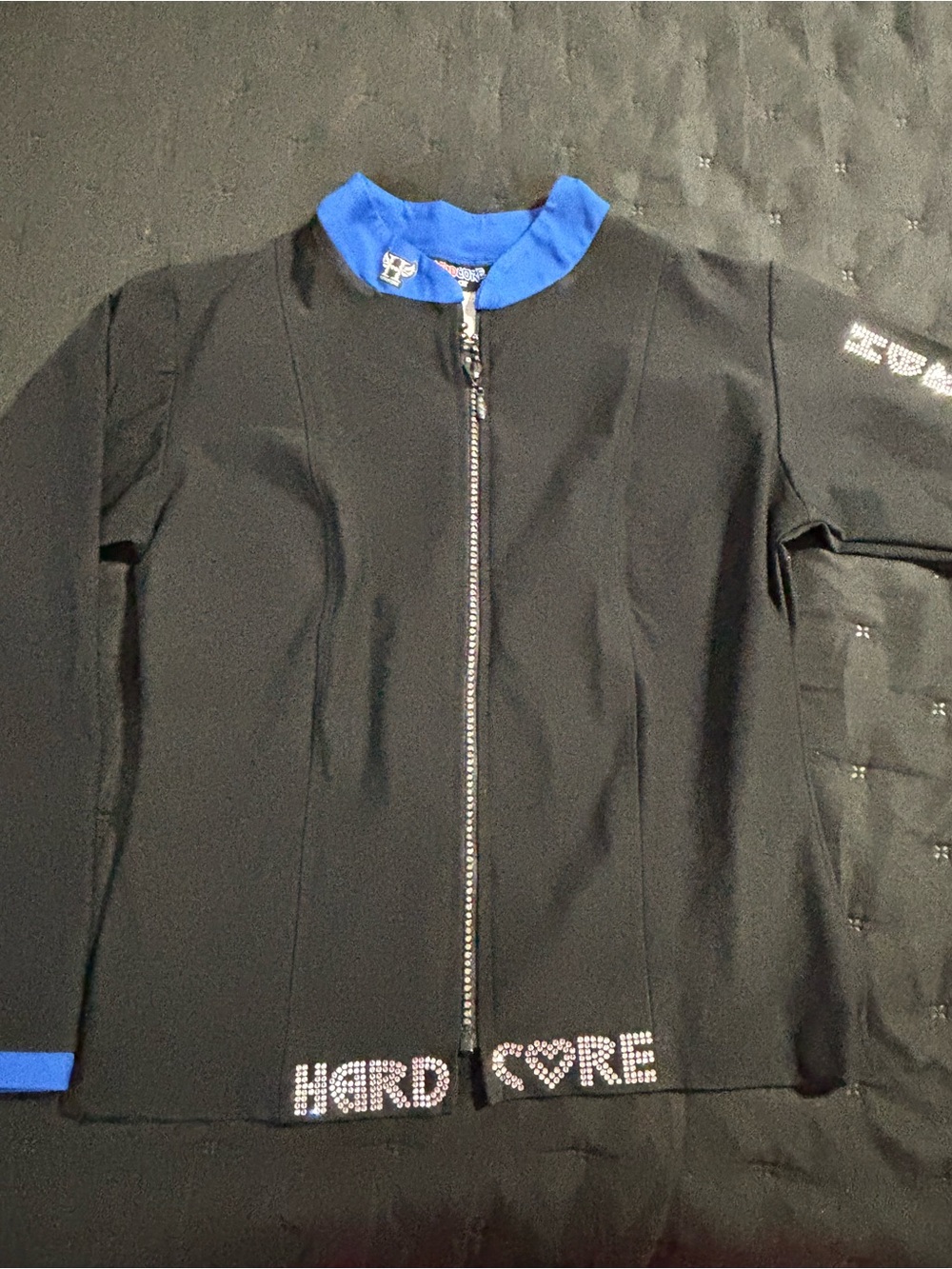 Hard Core Rhinestone Zip-Front Black Jacket with Blue Trim